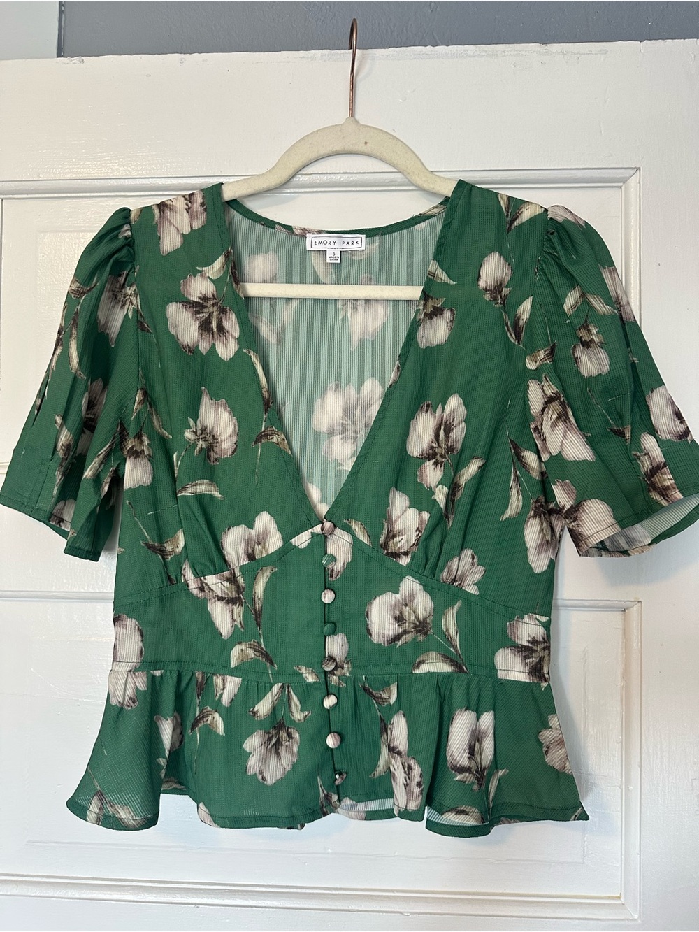 🌿 Emory Park Green Floral Peplum Top - Size S